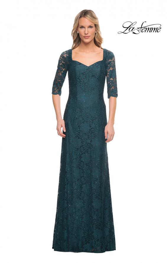 Picture of: 3/4 Sleeve Long Lace Gown with Rhinestone Accents in Deep Teal, Style: 25526, Main Picture