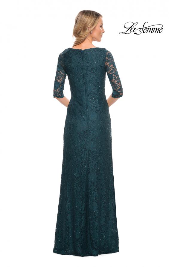 Picture of: 3/4 Sleeve Long Lace Gown with Rhinestone Accents in Deep Teal, Style: 25526, Back Picture