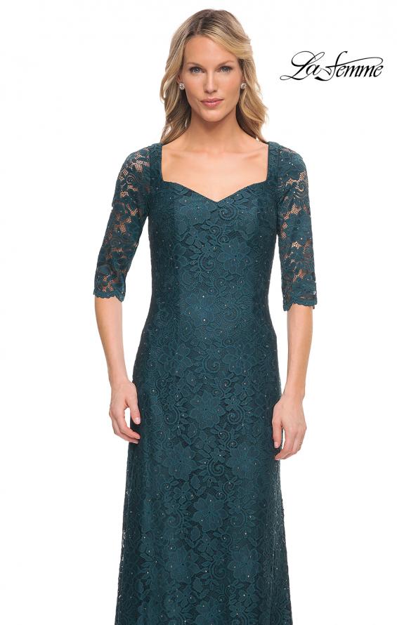 Picture of: 3/4 Sleeve Long Lace Gown with Rhinestone Accents in Deep Teal, Style: 25526, Detail Picture 1