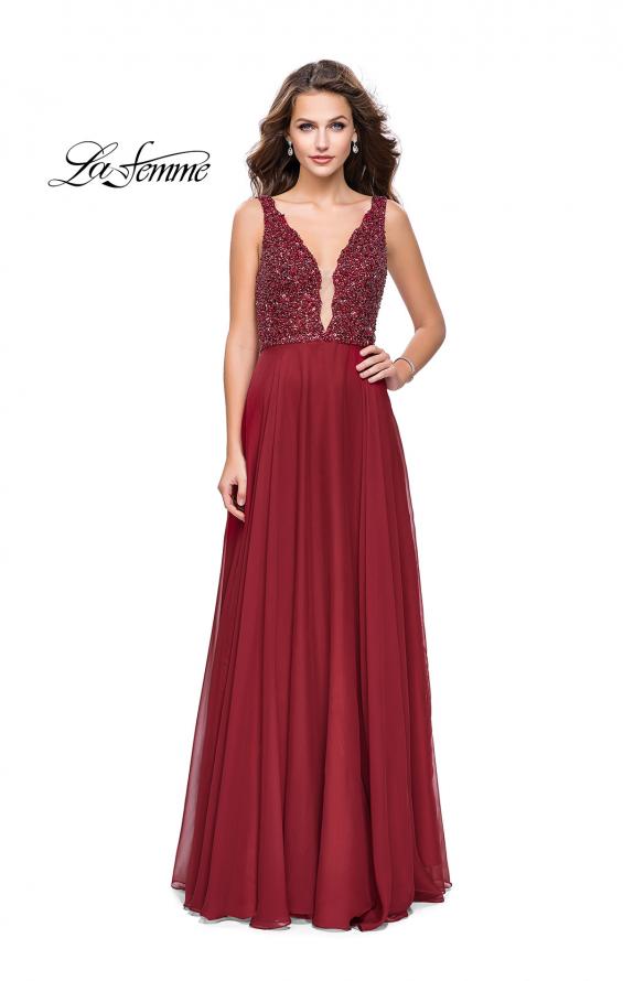 Picture of: A-Line Prom Gown with Chiffon Skirt and Beaded Bodice in Deep Red, Style: 26053, Detail Picture 1