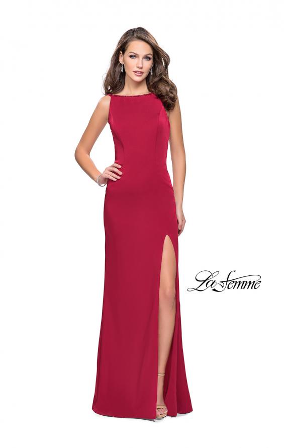 Picture of: Long Classic Form Fitting Prom Dress with Leg Slit in Deep Red, Style: 26274, Detail Picture 2