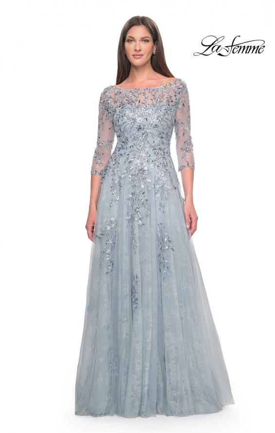 Picture of: A-Line Lace and Beaded Mother of the Bride Gown in Dusty Blue, Style: 31795, Main Picture