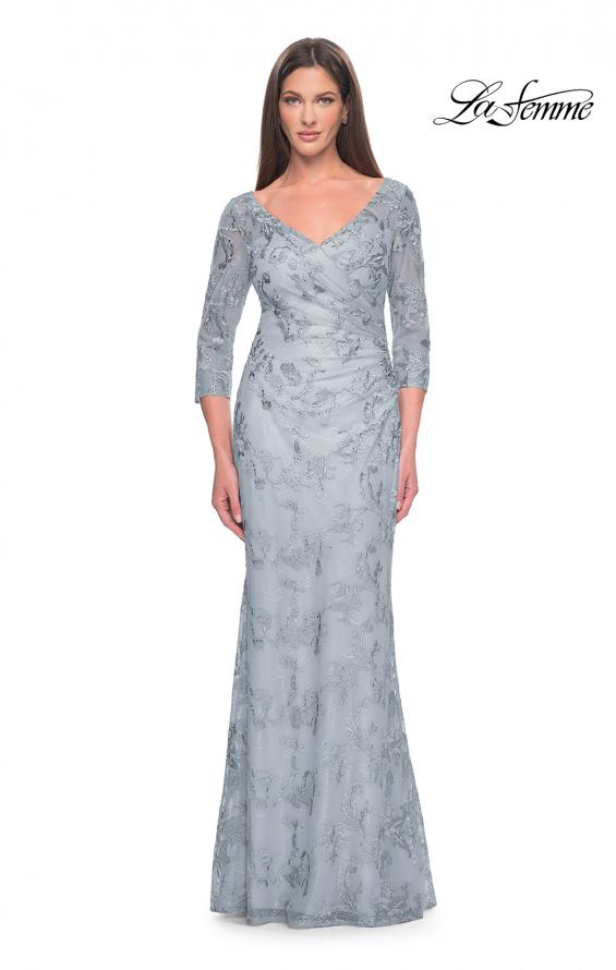 Picture of: Pastel Lace Mother of the Bride Gown with Three Quarter Sleeves in Dusty Blue, Style: 31684, Detail Picture 3