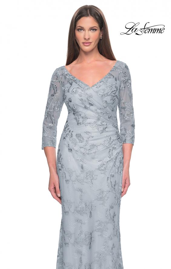 Picture of: Pastel Lace Mother of the Bride Gown with Three Quarter Sleeves in Dusty Blue, Style: 31684, Detail Picture 5