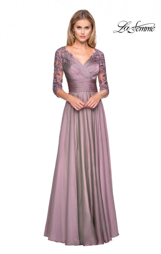 Picture of: Floor Length Chiffon Dress with Lace Sleeves in Dusty Lilac, Style: 27153, Main Picture