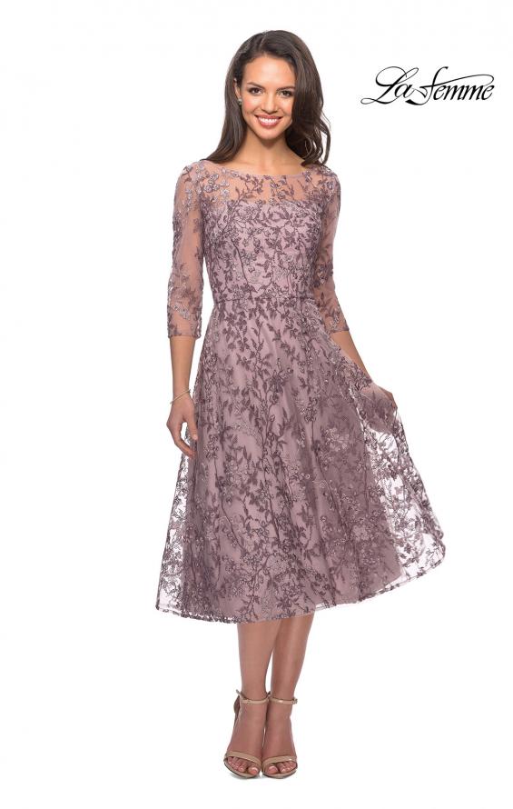 Picture of: Tea Length Embroidered Dress with Sheer Sleeves in Dusty Lilac, Style: 27971, Main Picture