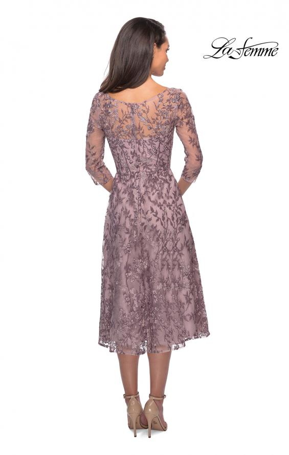 Picture of: Tea Length Embroidered Dress with Sheer Sleeves in Dusty Lilac, Style: 27971, Back Picture