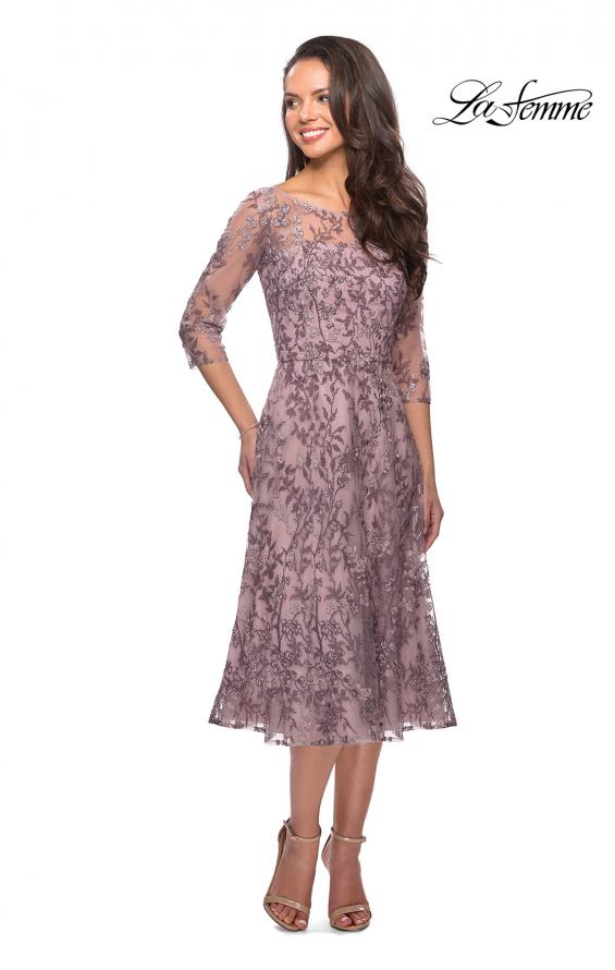 Picture of: Tea Length Embroidered Dress with Sheer Sleeves in Dusty Lilac, Style: 27971, Detail Picture 1