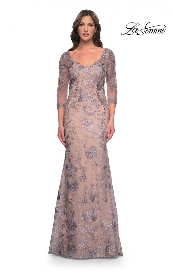 Picture of: Long Fitted Lace Dress with V Neckline and Sheer Sleeves in Dusty Lilac, Style: 30130, Detail Picture 1