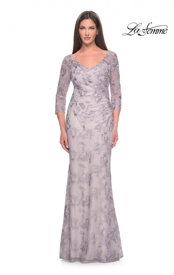 Picture of: Pastel Lace Mother of the Bride Gown with Three Quarter Sleeves in Dusty Lilac, Style: 31684, Detail Picture 1