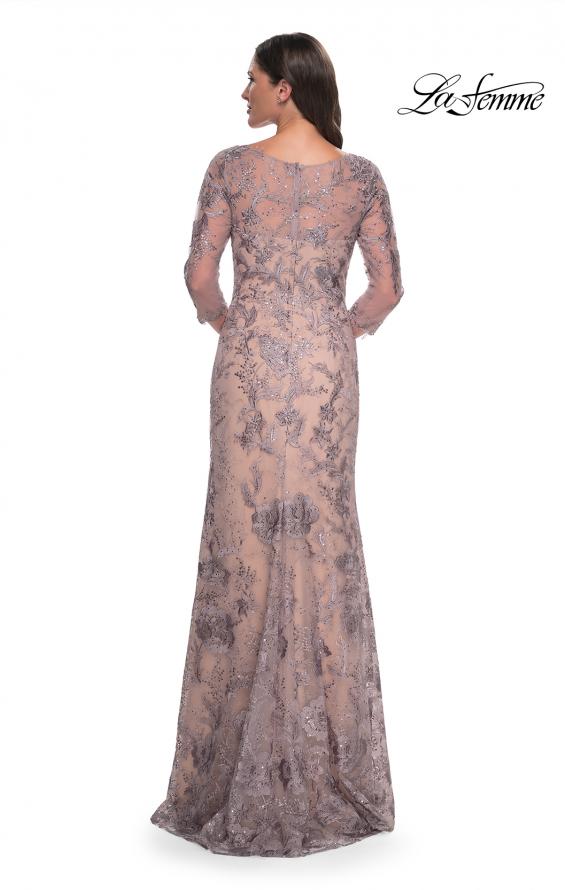 Picture of: Long Fitted Lace Dress with V Neckline and Sheer Sleeves in Dusty Lilac, Style: 30130, Detail Picture 2