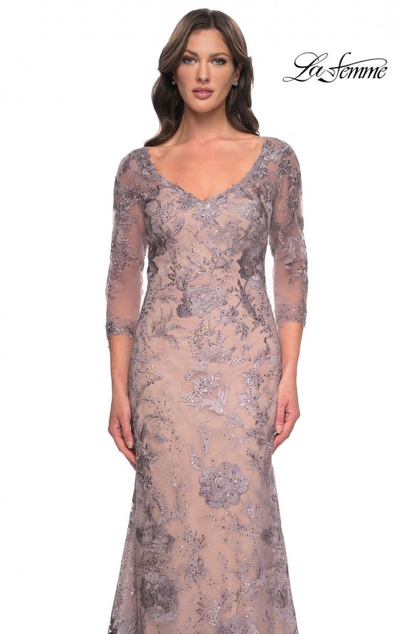 Picture of: Long Fitted Lace Dress with V Neckline and Sheer Sleeves in Dusty Lilac, Style: 30130, Detail Picture 5