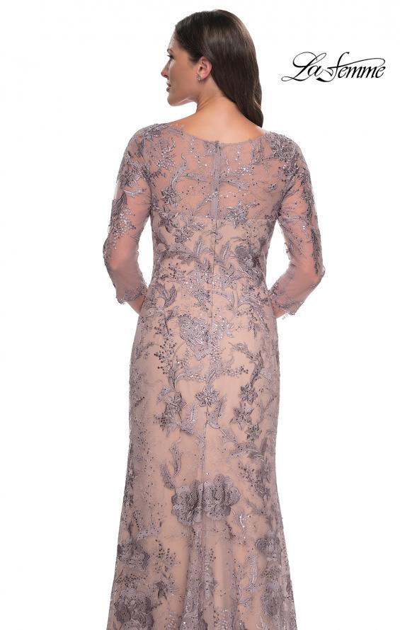 Picture of: Long Fitted Lace Dress with V Neckline and Sheer Sleeves in Dusty Lilac, Style: 30130, Detail Picture 6