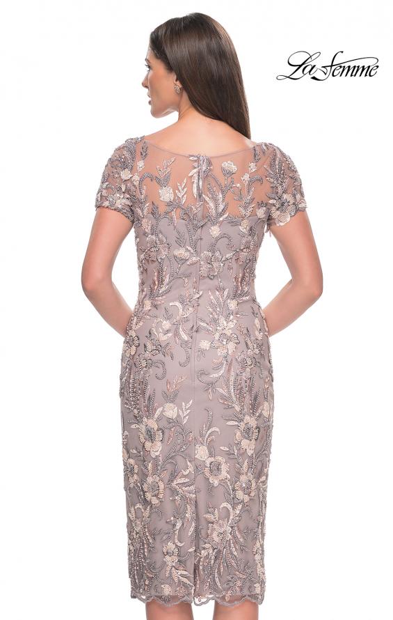 Picture of: Knee Length Beaded Lace Mother of the Bride Dress in Dusty Mauve, Style: 31775, Back Picture