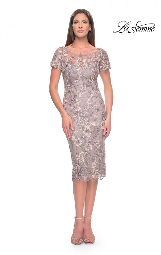 Picture of: Knee Length Beaded Lace Mother of the Bride Dress in Dusty Mauve, Style: 31775, Detail Picture 1