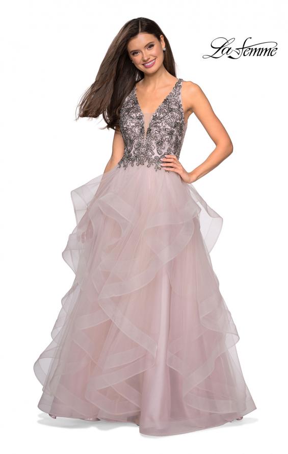 Picture of: Cascading Tulle Prom Dress with Rhinestone Bodice in Dusty Pink, Style: 27649, Main Picture