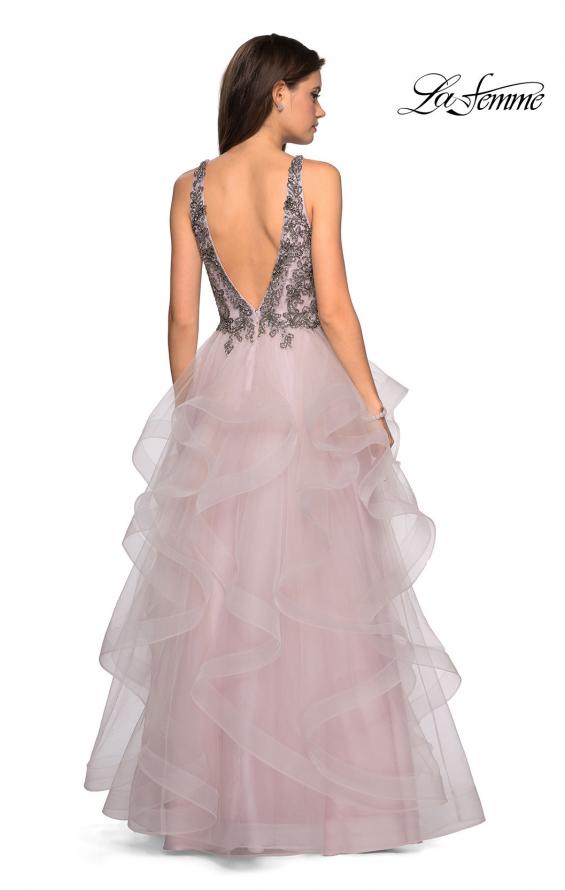 Picture of: Cascading Tulle Prom Dress with Rhinestone Bodice in Dusty Pink, Style: 27649, Back Picture