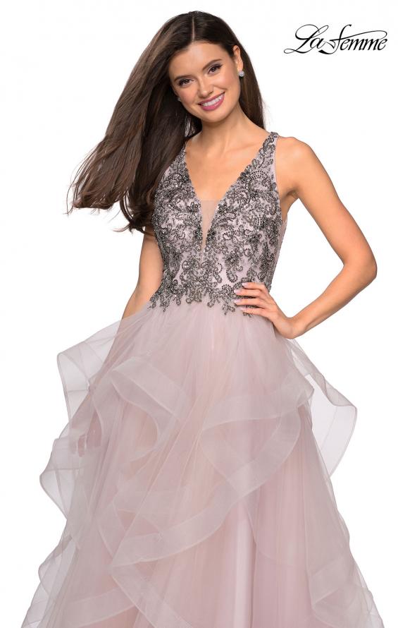 Picture of: Cascading Tulle Prom Dress with Rhinestone Bodice in Dusty Pink, Style: 27649, Detail Picture 1