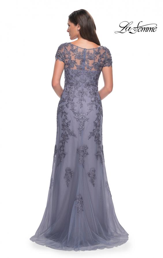 Picture of: Lace and Net Fitted Long Mother of the Bride Dress in Dusty Purple, Style: 29792, Back Picture