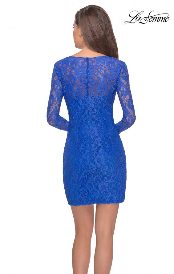 Picture of: Long Sleeve Lace Short Dress with Sheer Back Detail in Electric Blue, Style: 28232, Back Picture