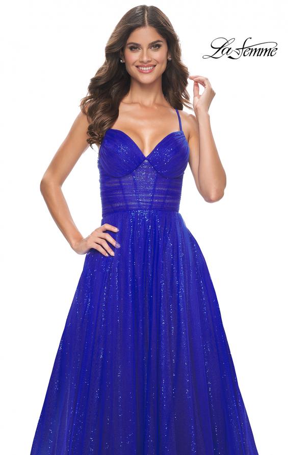 Picture of: A-Line Prom Dress with Sequin Lining and Illusion Top in Electric Blue, Style: 31986, Main Picture
