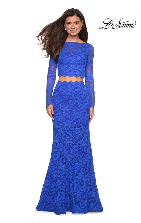 Picture of: Stretch Lace Long Sleeve Two Piece Prom Dress in Electric Blue, Style: 27601, Detail Picture 12