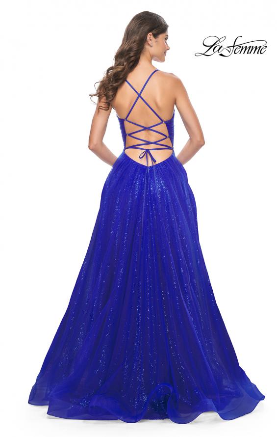 Picture of: A-Line Prom Dress with Sequin Lining and Illusion Top in Electric Blue, Style: 31986, Back Picture