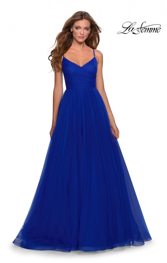Picture of: Long Tulle Pleated Bodice Prom Gown with Pockets in Electric Blue, Style: 28123, Detail Picture 1