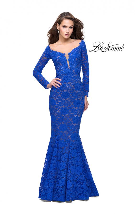 Picture of: Long Sleeve Lace Mermaid Prom Dress with Metallic Beads in Electric Blue, Style: 25607, Main Picture