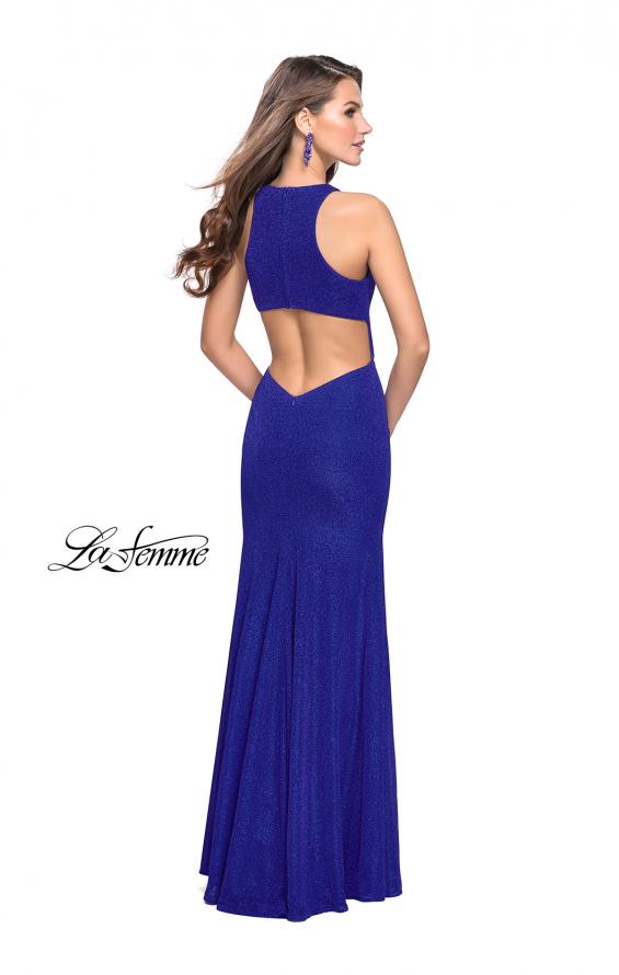 Picture of: Long Jersey Prom Dress with Racer Back and V Neckline in Electric Blue, Style: 25882, Back Picture