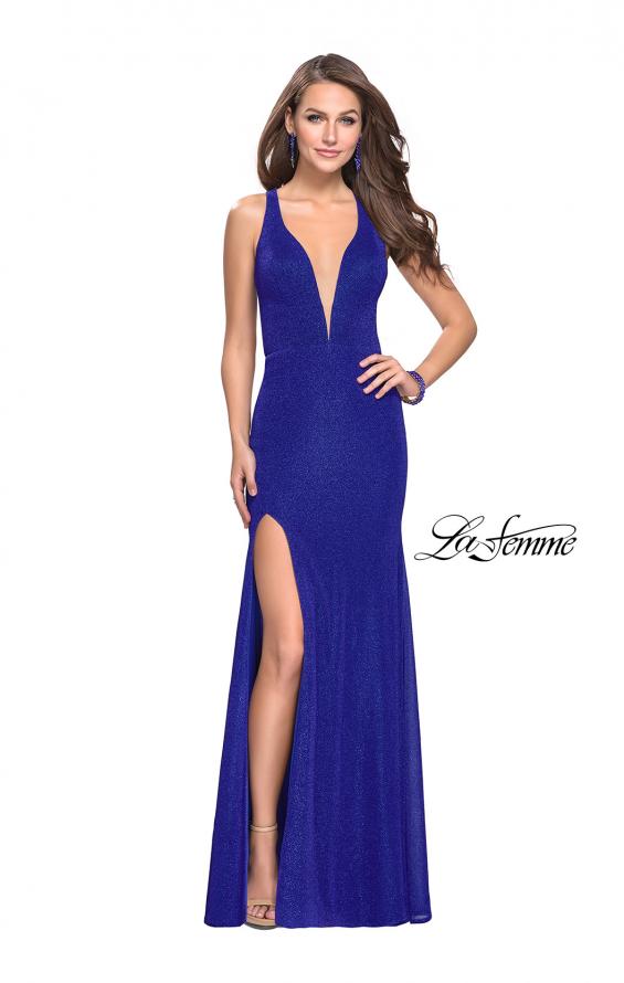 Picture of: Long Jersey Prom Dress with Racer Back and V Neckline in Electric Blue, Style: 25882, Detail Picture 3