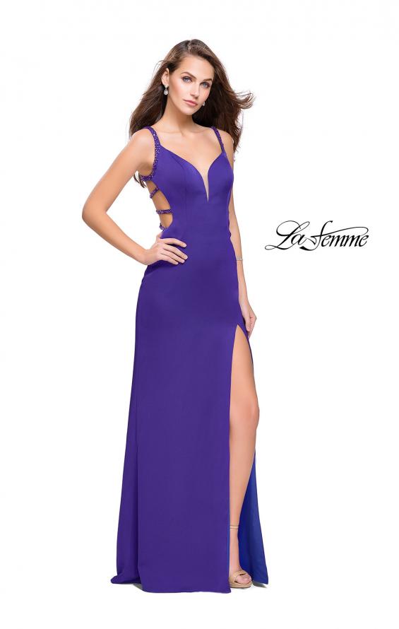 Picture of: Satin Prom Dress with Metallic Beaded Straps and Slit in Electric Purple, Style: 26012, Back Picture