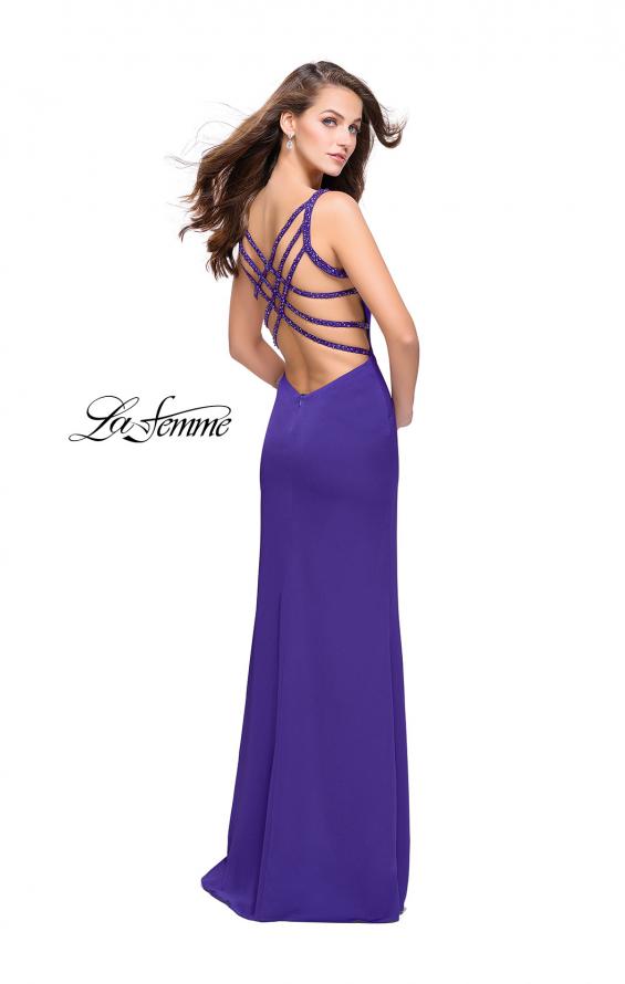 Picture of: Satin Prom Dress with Metallic Beaded Straps and Slit in Electric Purple, Style: 26012, Detail Picture 2