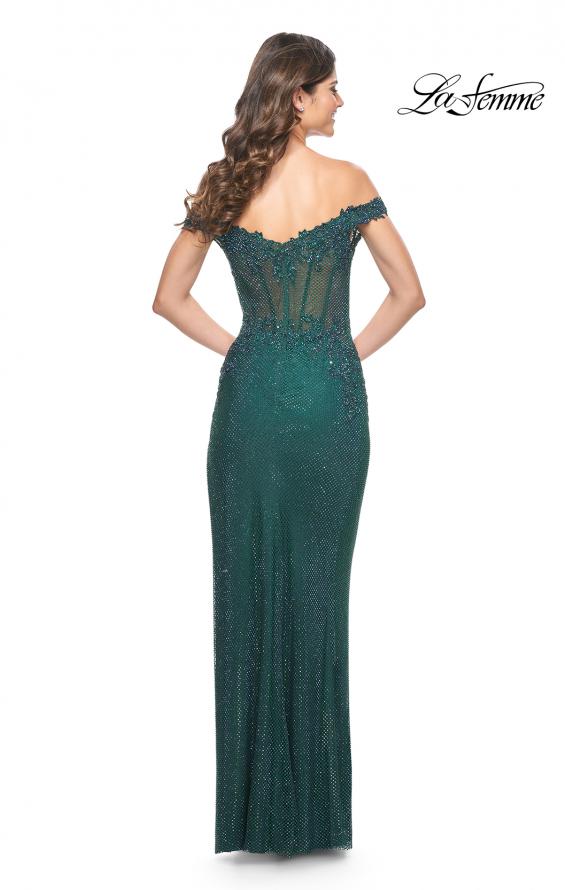 Picture of: Off the Shoulder Rhinestone Fishnet Gown with Lace Details in Emerald, Style: 32116, Detail Picture 11