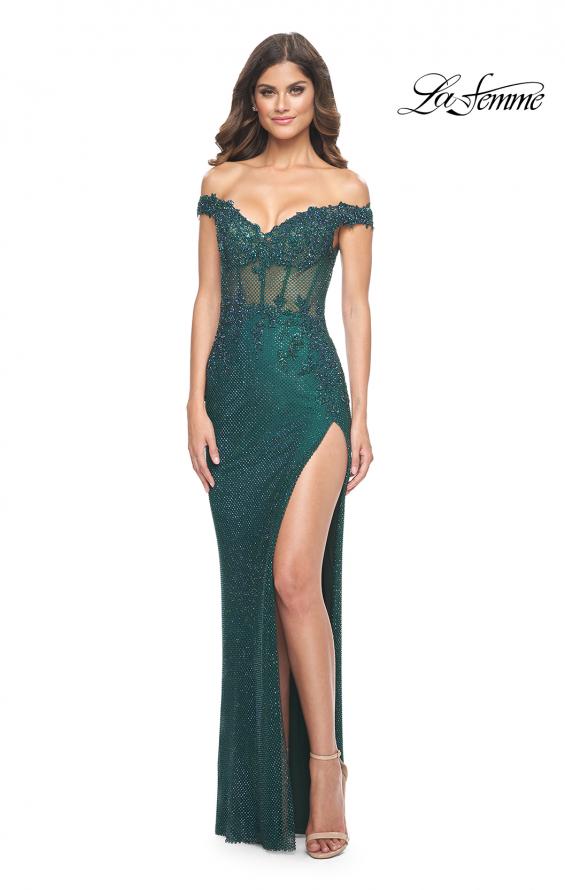 Picture of: Off the Shoulder Rhinestone Fishnet Gown with Lace Details in Emerald, Style: 32116, Detail Picture 12