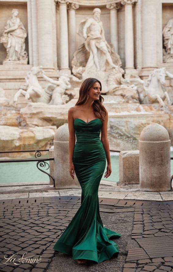 Picture of: Stretch Satin Gown with Draped Sweetheart Neckline in Emerald, Style: 31915, Detail Picture 1