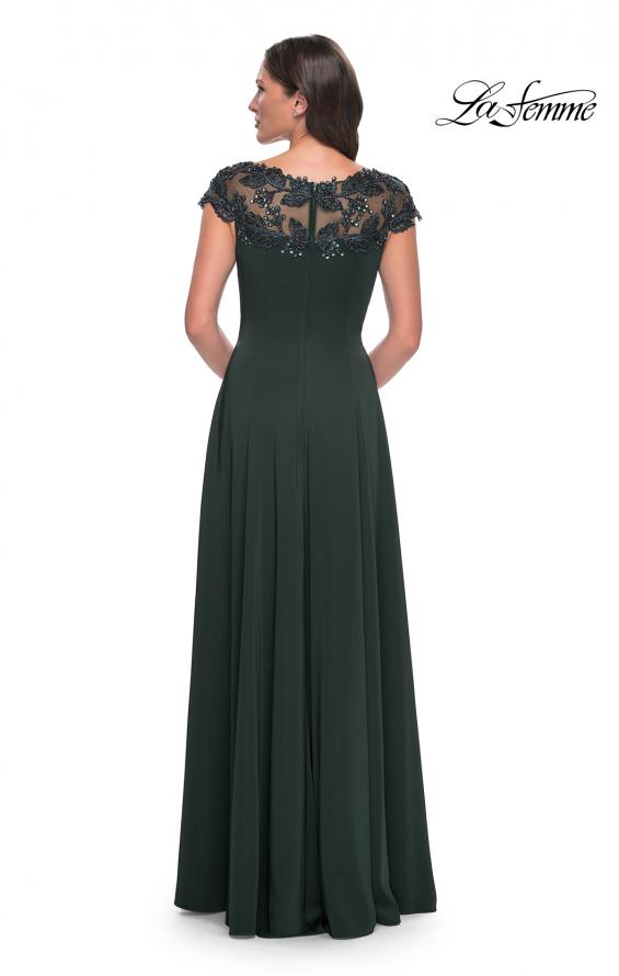 Picture of: A-Line Satin Dress with Stunning Beaded Neckline and Short Sleeves in Emerald, Style: 31195, Back Picture