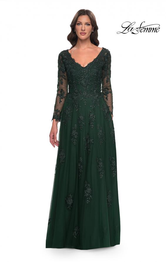 Picture of: Long Sleeve Lace and Tulle Dress with V Neckline in Emerald, Style: 30795, Detail Picture 1