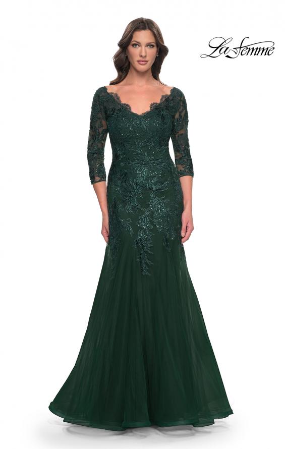 Picture of: Mermaid Tulle and Lace Dress with Scallop Detailed Neckline in Emerald, Style: 30823, Detail Picture 1
