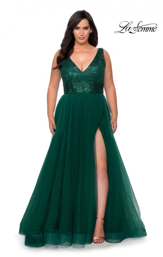 Picture of: Curvy A-line Prom Gown with Sequin Bodice and Tulle Skirt in Emerald, Style: 29045, Detail Picture 1