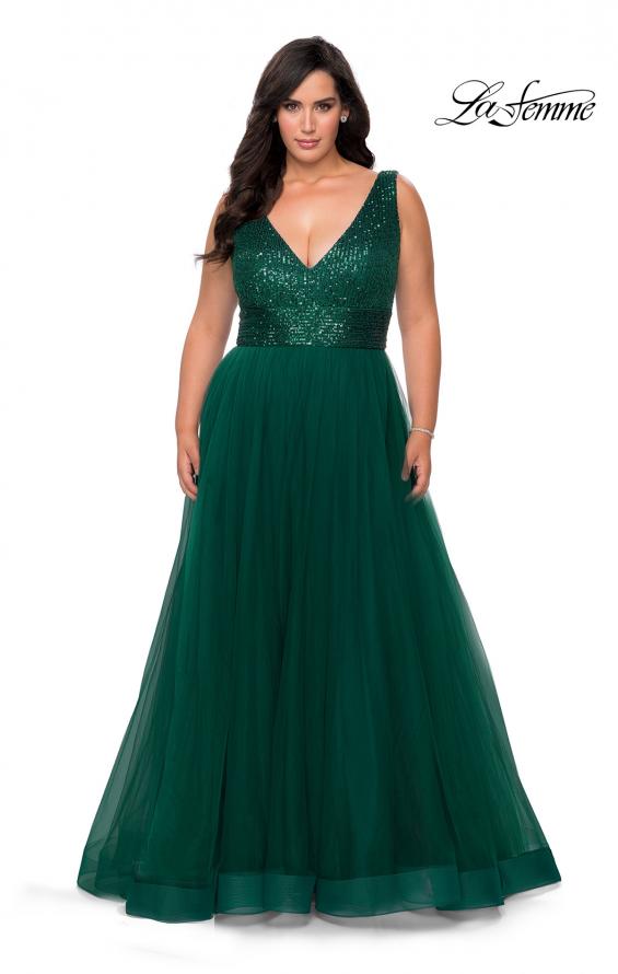 Picture of: Curvy A-line Prom Gown with Sequin Bodice and Tulle Skirt in Emerald, Style: 29045, Detail Picture 5