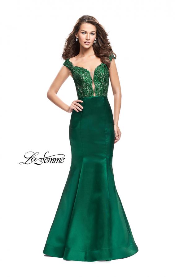 Picture of: Off the Shoulder Mikado Prom Dress with Lace and Beads in Emerald, Style: 25926, Back Picture