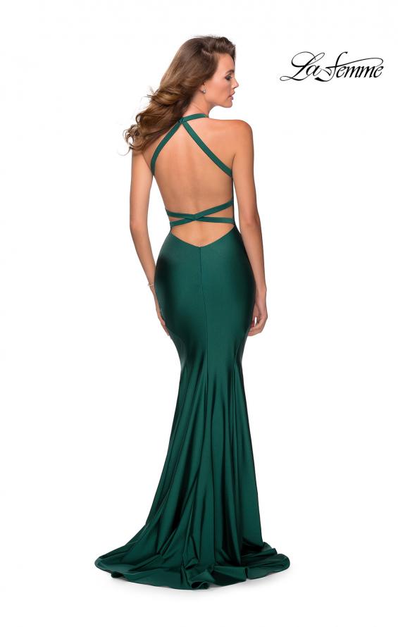 Picture of: Jersey Prom Dress with Deep Dramatic Neckline in Emerald, Style: 28579, Back Picture