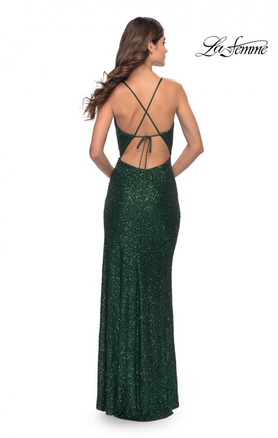 Picture of: Stretch Sequin Gown with Deep V Neck and Tie Back in Emerald, Style: 31072, Back Picture