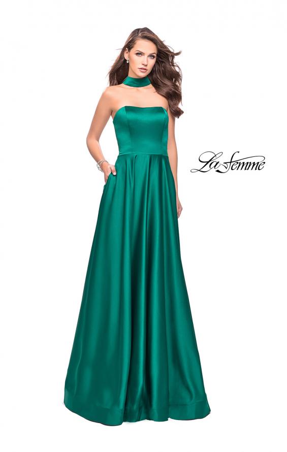 Picture of: Strapless Satin A-line Ball Gown with Attached Choker in Emerald, Style: 25680, Detail Picture 1