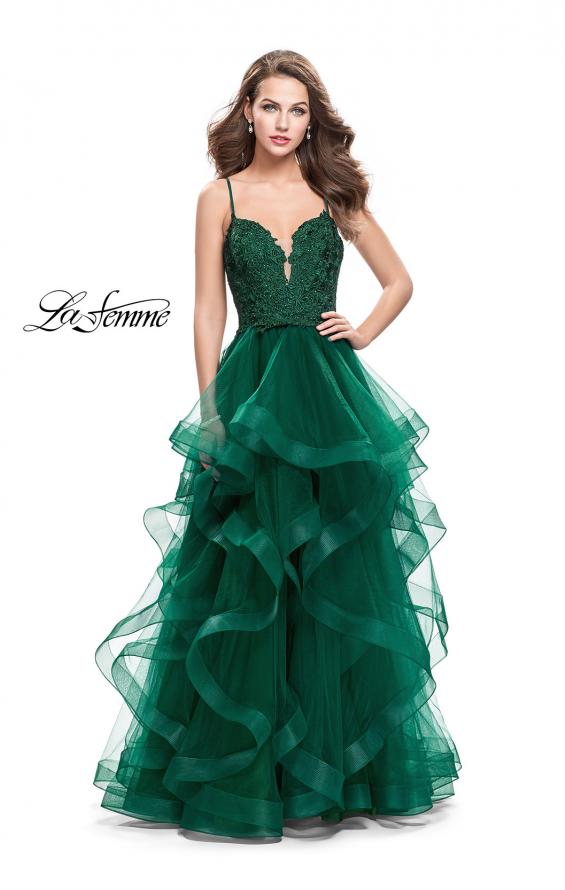 Picture of: Long Ball Gown with Tulle Skirt and Beaded Lace Bodice in Emerald, Style: 25857, Detail Picture 1