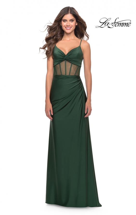 Picture of: Illusion Bodice Dress with Boning and Twist Detail in Emerald, Style: 31229, Detail Picture 1