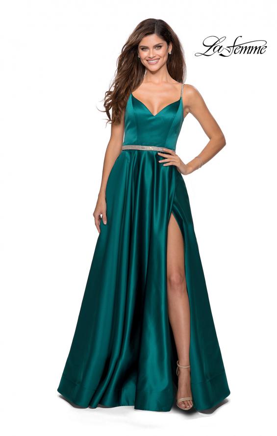 Picture of: Satin A-line Gown with Rhinestone Belt and Straps in Emerald, Style: 28695, Detail Picture 2