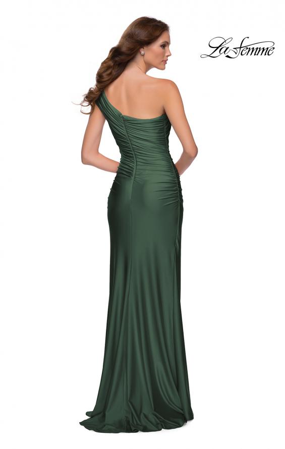 Picture of: One Shoulder Shiny Ruched Jersey Gown with Slit in Emerald, Style: 30645, Detail Picture 2
