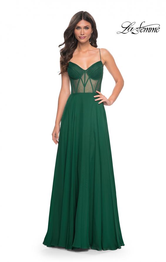 Picture of: Chiffon Gown with Illusion Bustier Top and Lace Up Back in Green, Style: 32296, Detail Picture 3